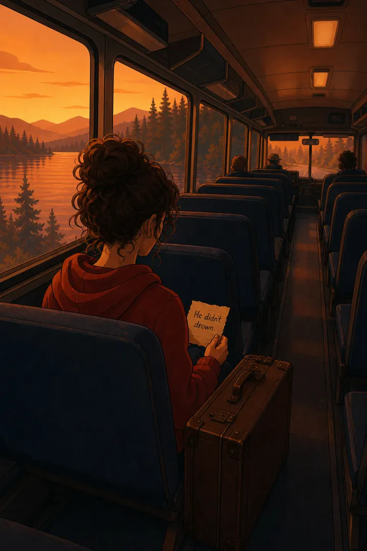 Wren on the bus, holding a note that says: He didn't drown.